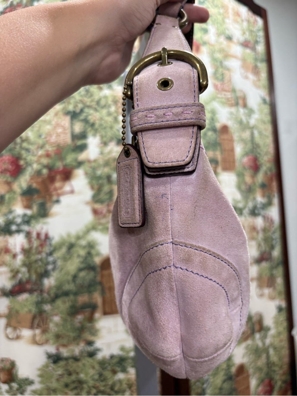 Vintage Y2K Coach Lavender Suede Mini Soho Hobo Shoulder Bag with brown leather - Picture 3 of 8